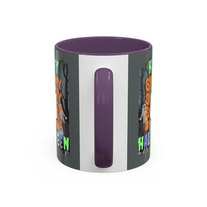 Spooky Happy Halloween Ghost Mixed font Grey Accent Mug by CreepyCrafts.boo