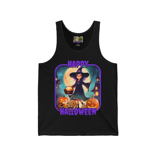 Happy Halloween Little Witch Purple font Unisex Jersey Tank Top by CreepyCrafts.boo