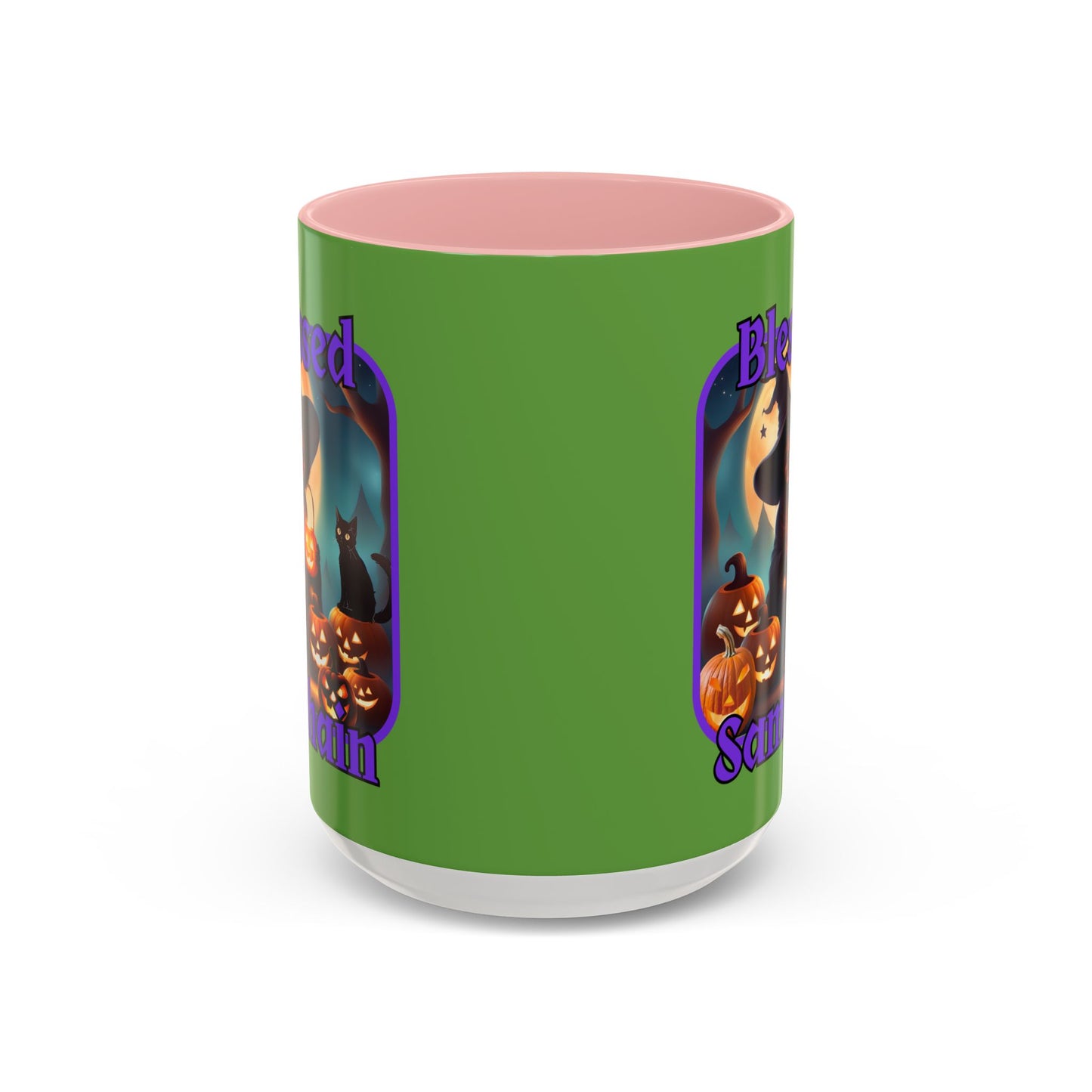 Blessed Samhain Cute Witch Purple font Green Accent Mug by CreepyCrafts.boo
