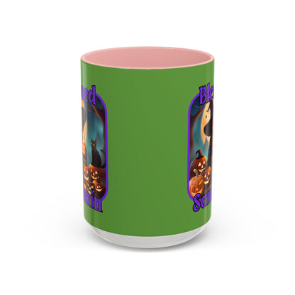 Blessed Samhain Cute Witch Purple font Green Accent Mug by CreepyCrafts.boo
