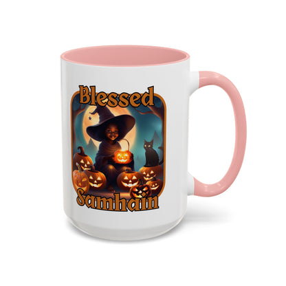 Blessed Samhain Cute Witch Orange font White Accent Mug by CreepyCrafts.boo