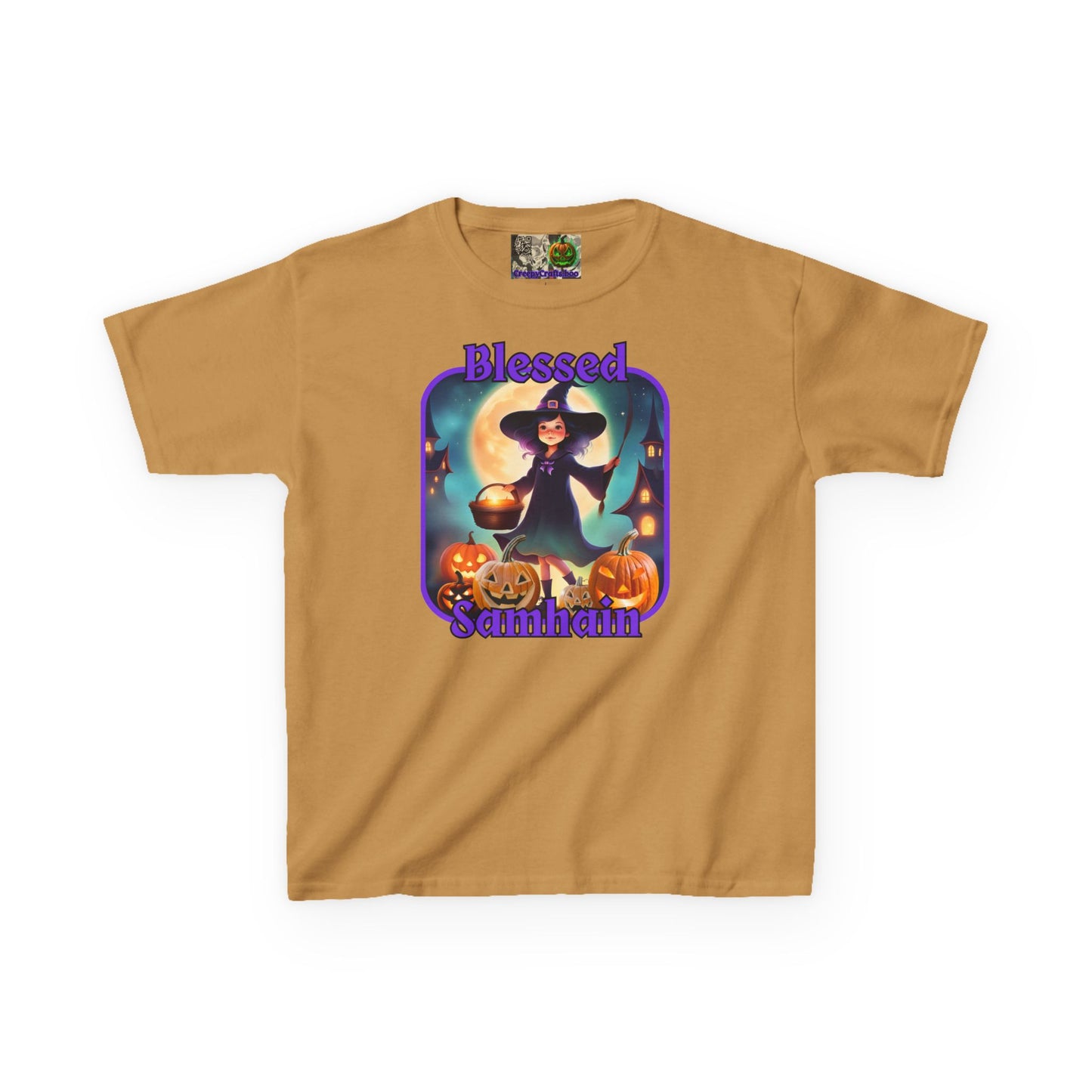 Blessed Samhain Little Witch Purple font Kids Heavy Cotton™ Tee by CreepyCrafts.boo