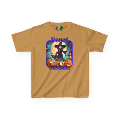 Blessed Samhain Little Witch Purple font Kids Heavy Cotton™ Tee by CreepyCrafts.boo