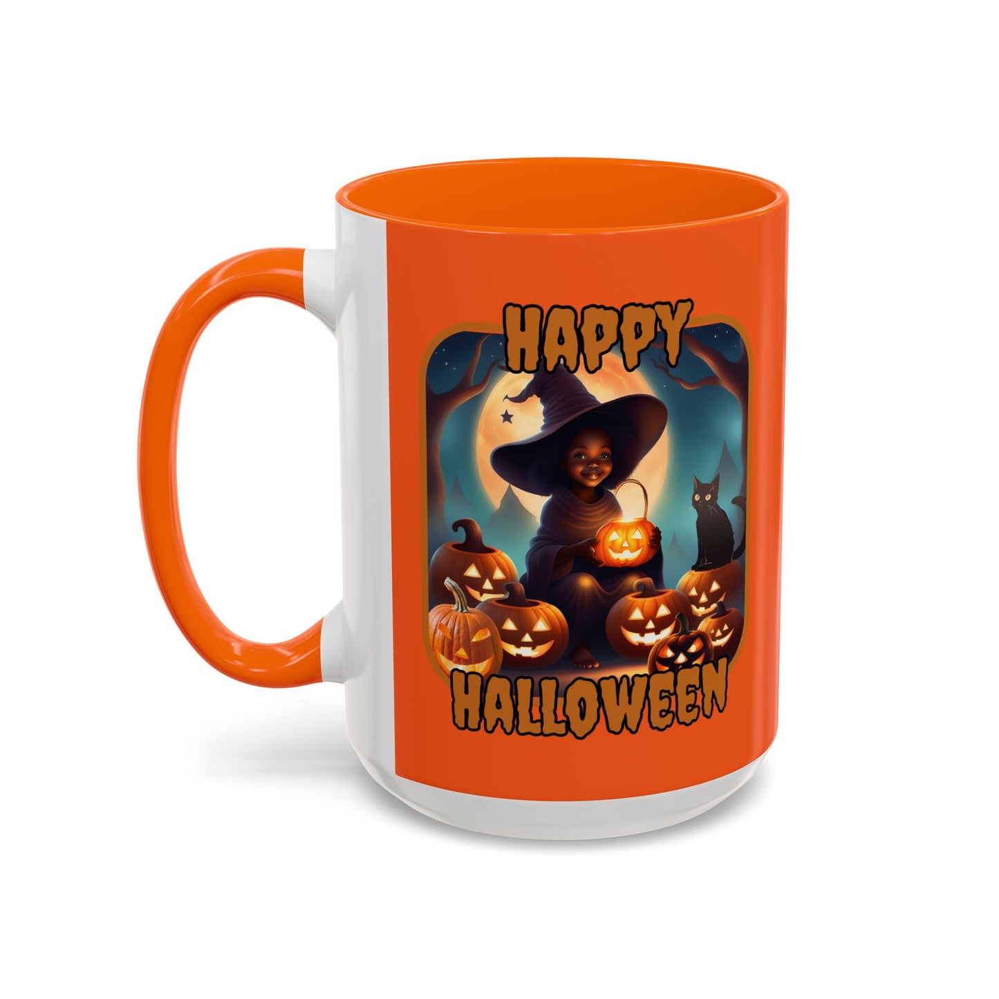 Happy Halloween Cute Witch Orange font Orange Accent Mug by CreepyCrafts.boo