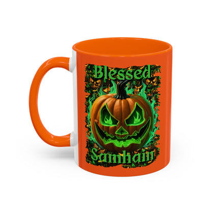 Blessed Samhain Green Jack Orange Accent Mug by CreepyCrafts.boo