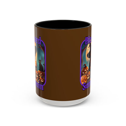 Blessed Samhain Cute Witch Purple font Brown Accent Mug by CreepyCrafts.boo