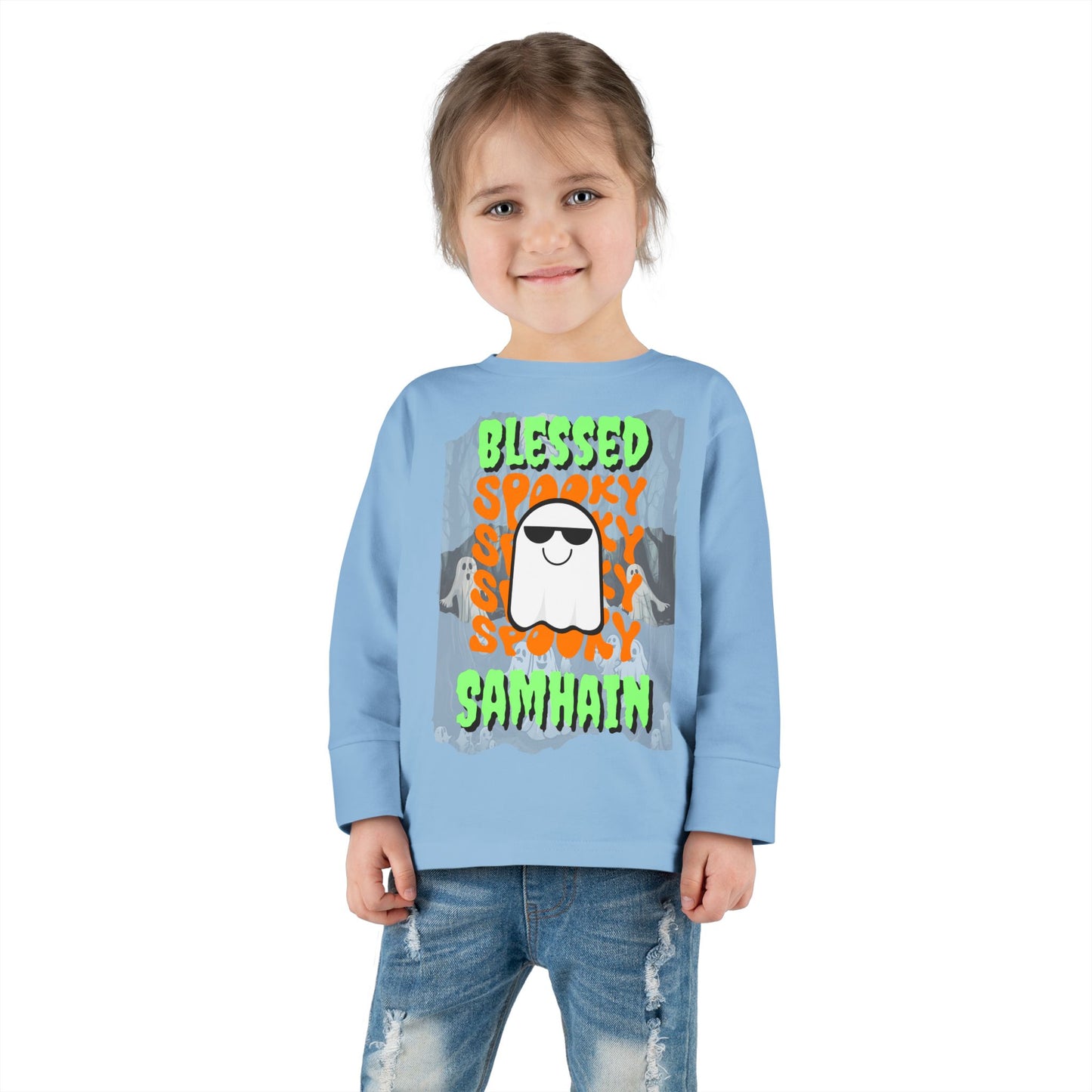 Spooky Blessed Samhain Ghost Green font Toddler Long Sleeve Tee by CreepyCrafts.boo