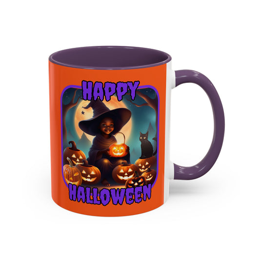 Happy Halloween Cute Witch Purple font Orange Accent Mug by CreepyCrafts.boo