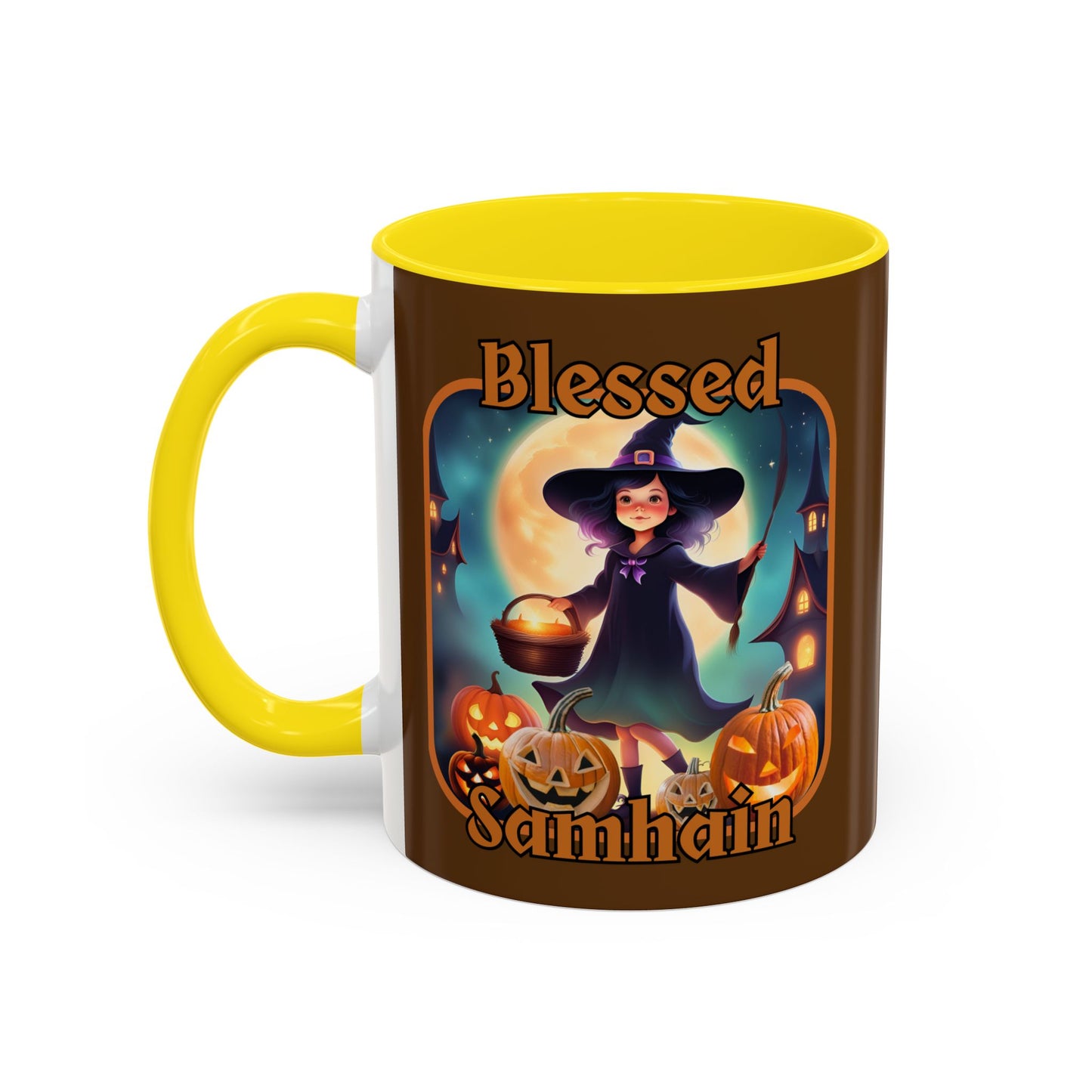 Blessed Samhain Little Witch Orange font Brown Accent Mug by CreepyCrafts.boo