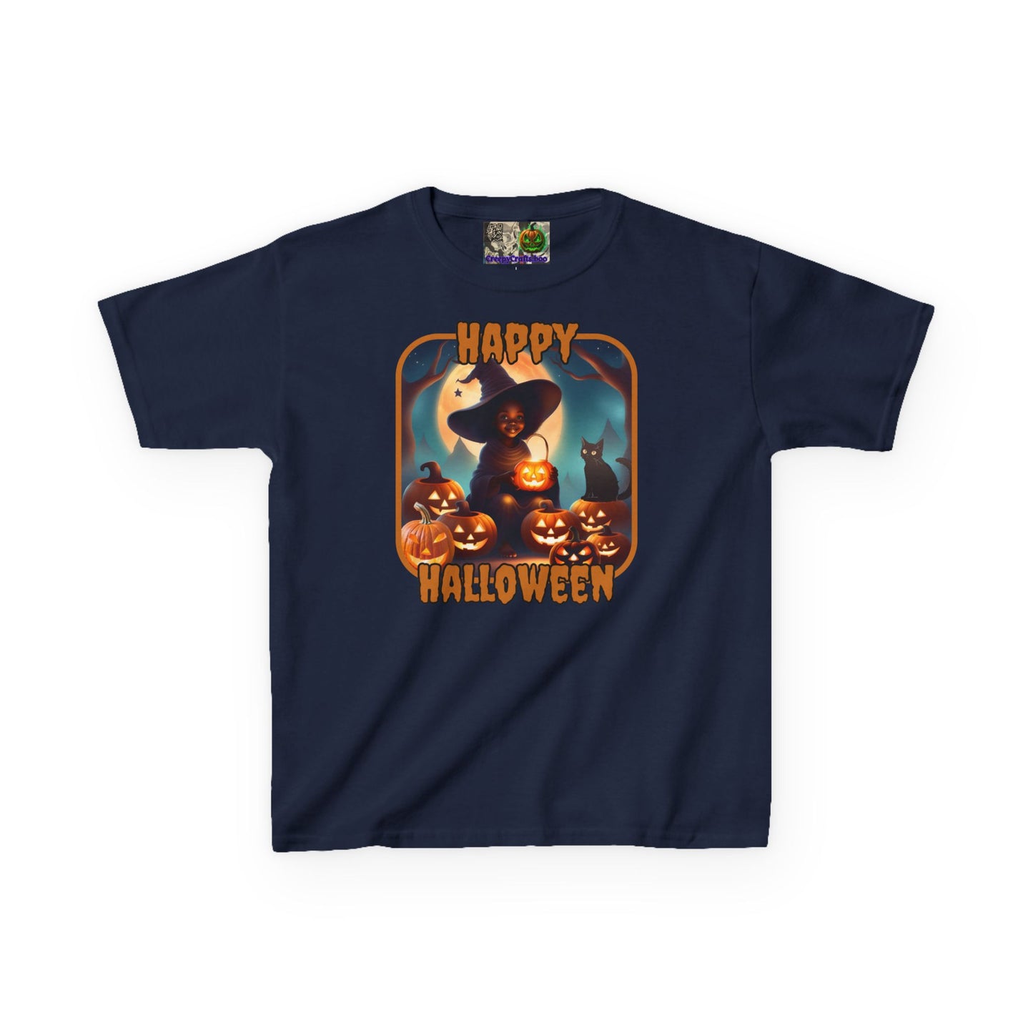 Happy Halloween Cute Witch Orange font Kids Heavy Cotton™ Tee by CreepyCrafts.boo