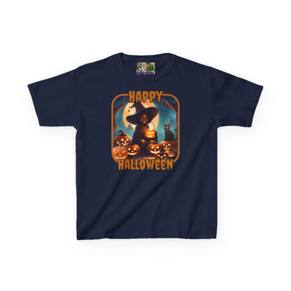 Happy Halloween Cute Witch Orange font Kids Heavy Cotton™ Tee by CreepyCrafts.boo