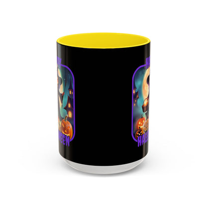 Happy Halloween Little Witch Purple font Black Accent Mug by CreepyCrafts.boo