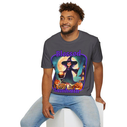 Blessed Samhain Little Witch Purple font Dark colors Unisex T-Shirt by CreepyCrafts.boo