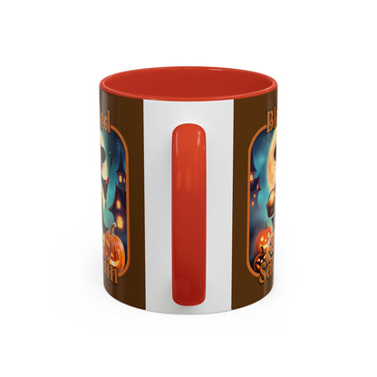 Blessed Samhain Little Witch Orange font Brown Accent Mug by CreepyCrafts.boo