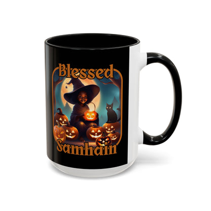 Blessed Samhain Cute Witch Orange font Black Accent Mug by CreepyCrafts.boo
