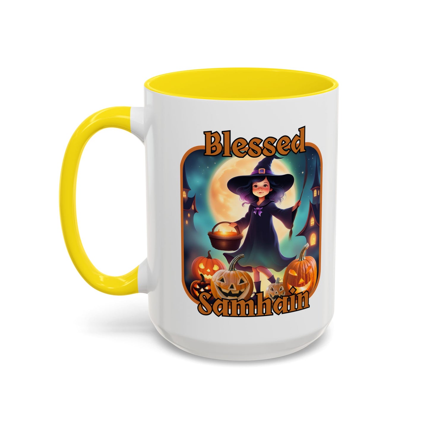 Blessed Samhain Little Witch Orange font White Accent Mug by CreepyCrafts.boo