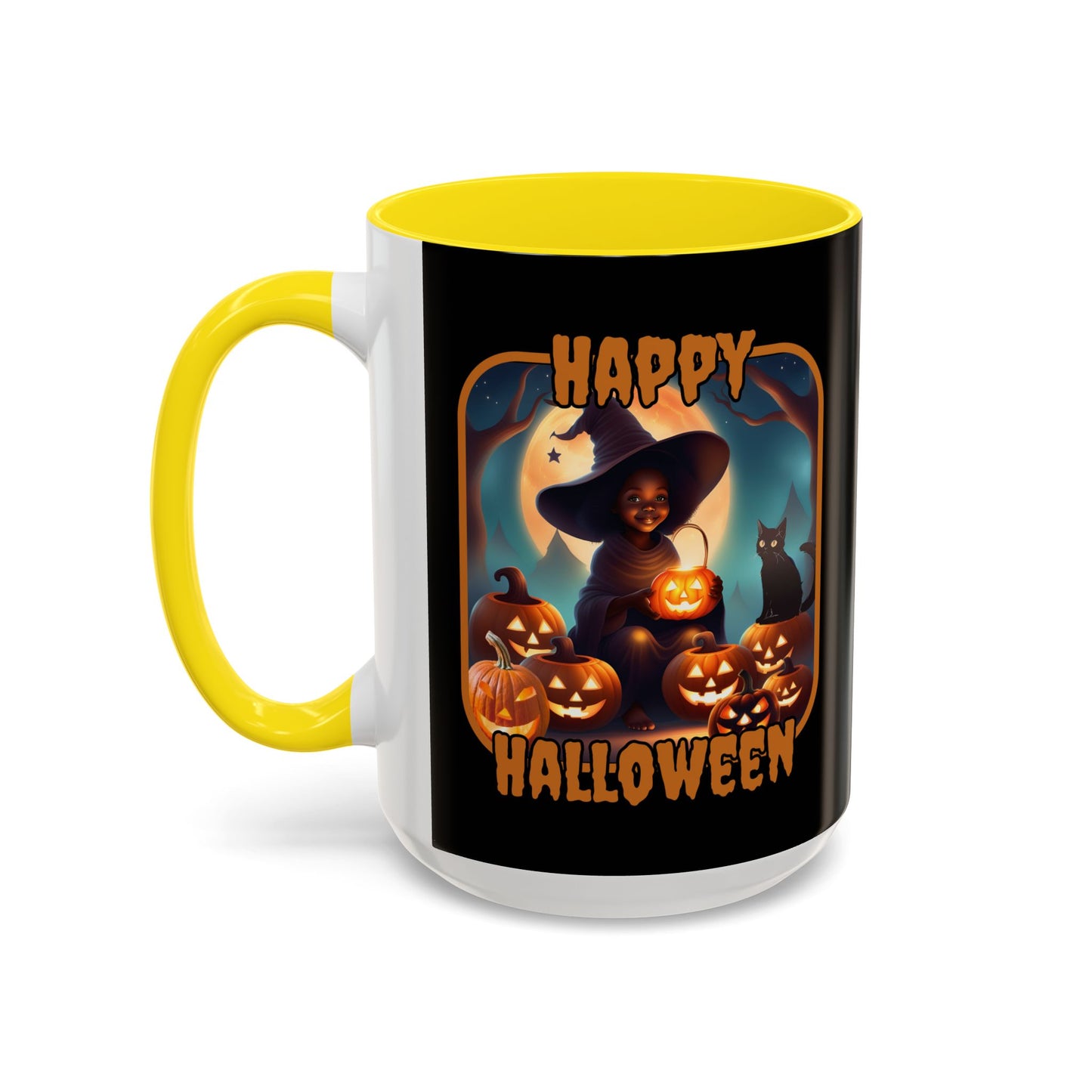 Happy Halloween Cute Witch Orange font Black Accent Mug by CreepyCrafts.boo
