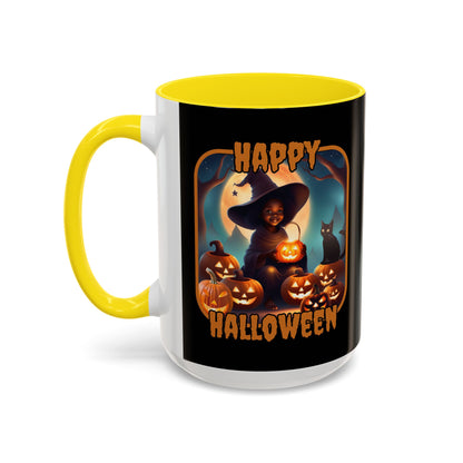 Happy Halloween Cute Witch Orange font Black Accent Mug by CreepyCrafts.boo