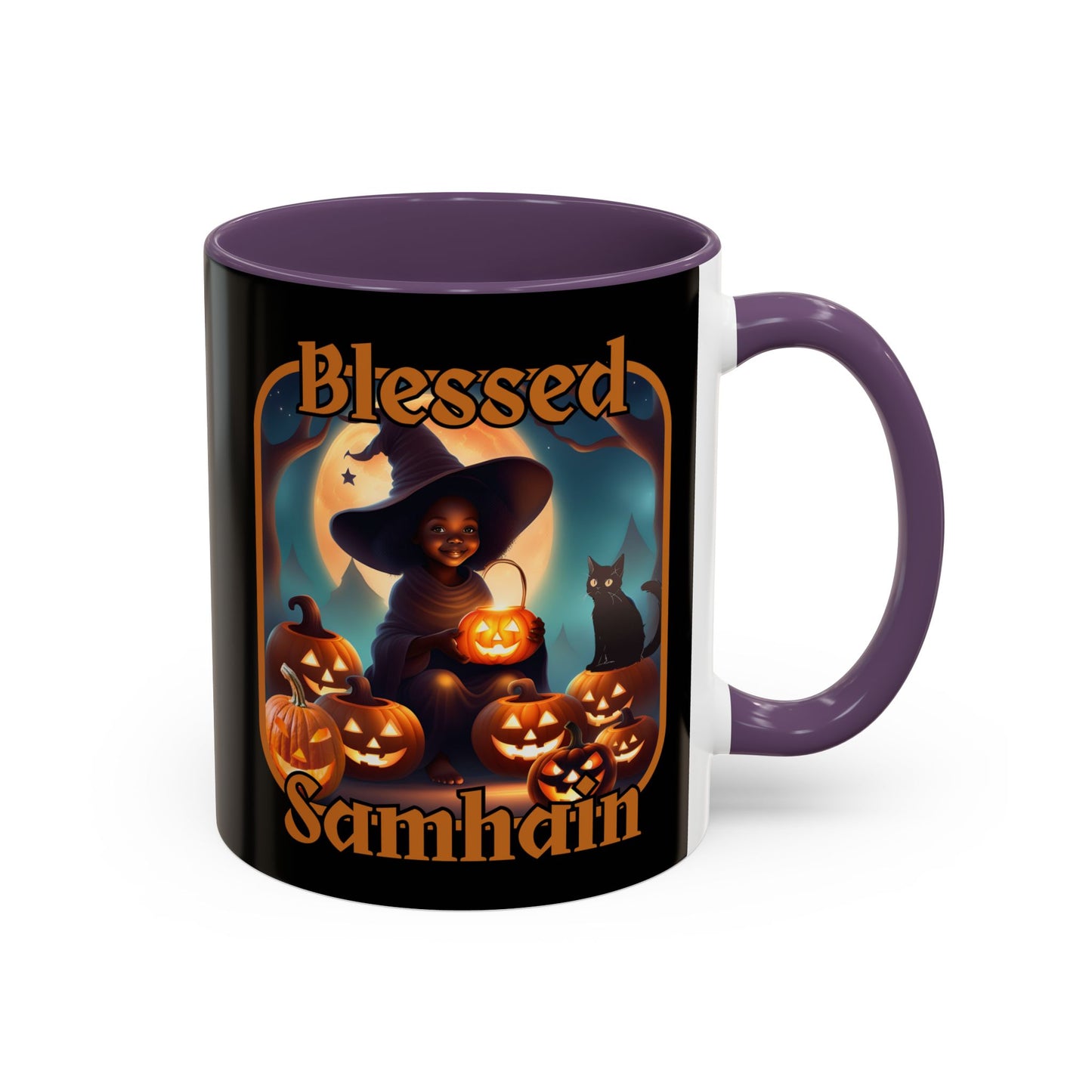 Blessed Samhain Cute Witch Orange font Black Accent Mug by CreepyCrafts.boo