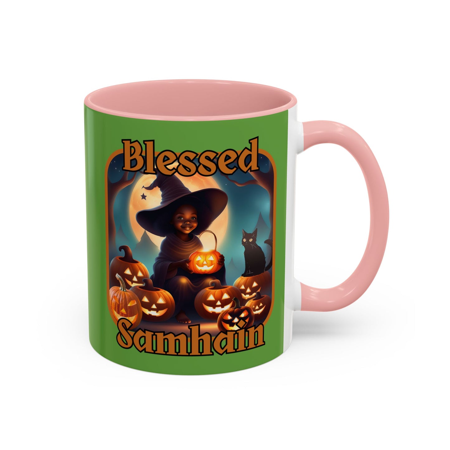 Blessed Samhain Cute Witch Orange font Green Accent Mug by CreepyCrafts.boo