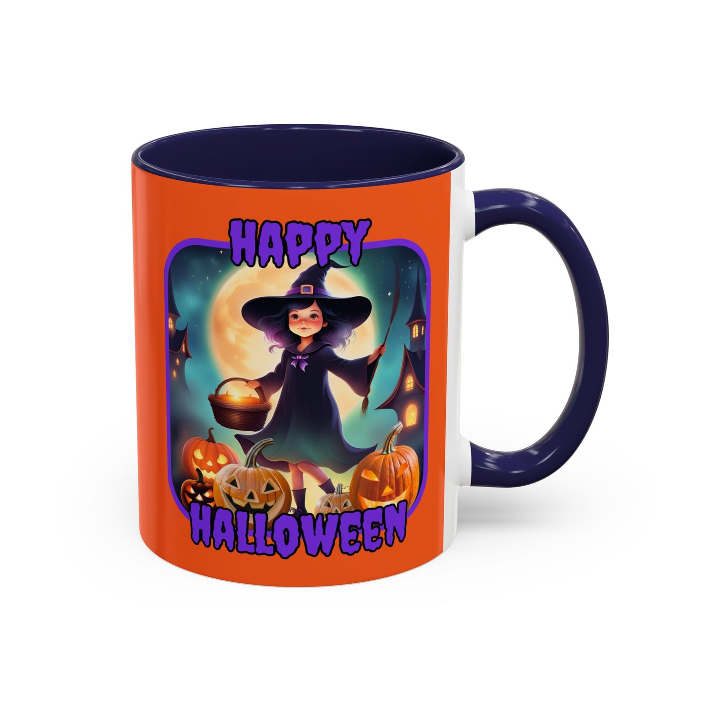 Happy Halloween Little Witch Purple font Orange Accent Mug by CreepyCrafts.boo