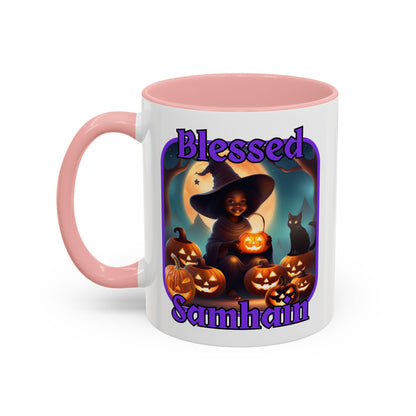 Blessed Samhain Cute Witch Purple font White Accent Mug by CreepyCrafts.boo