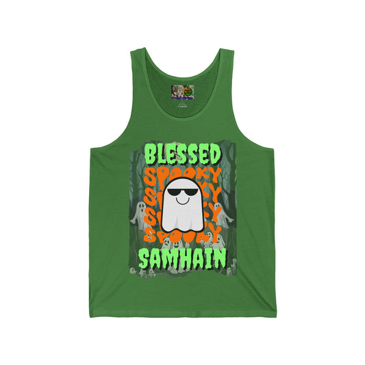 Spooky Blessed Samhain Ghost Green font Unisex Jersey Tank Top by CreepyCrafts.boo