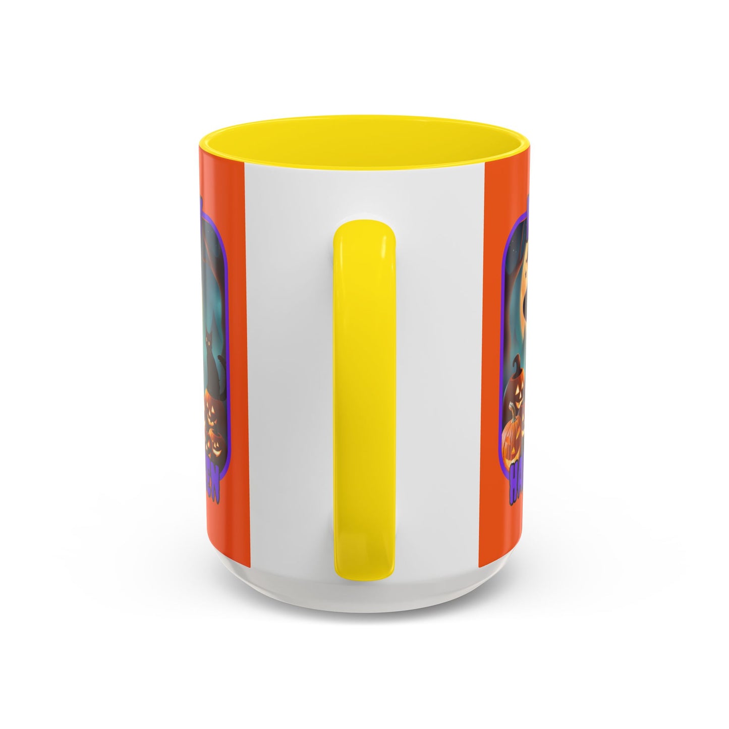 Happy Halloween Cute Witch Purple font Orange Accent Mug by CreepyCrafts.boo