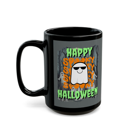 Spooky Happy Halloween Ghost Green font Grey Mug by CreepyCrafts.boo