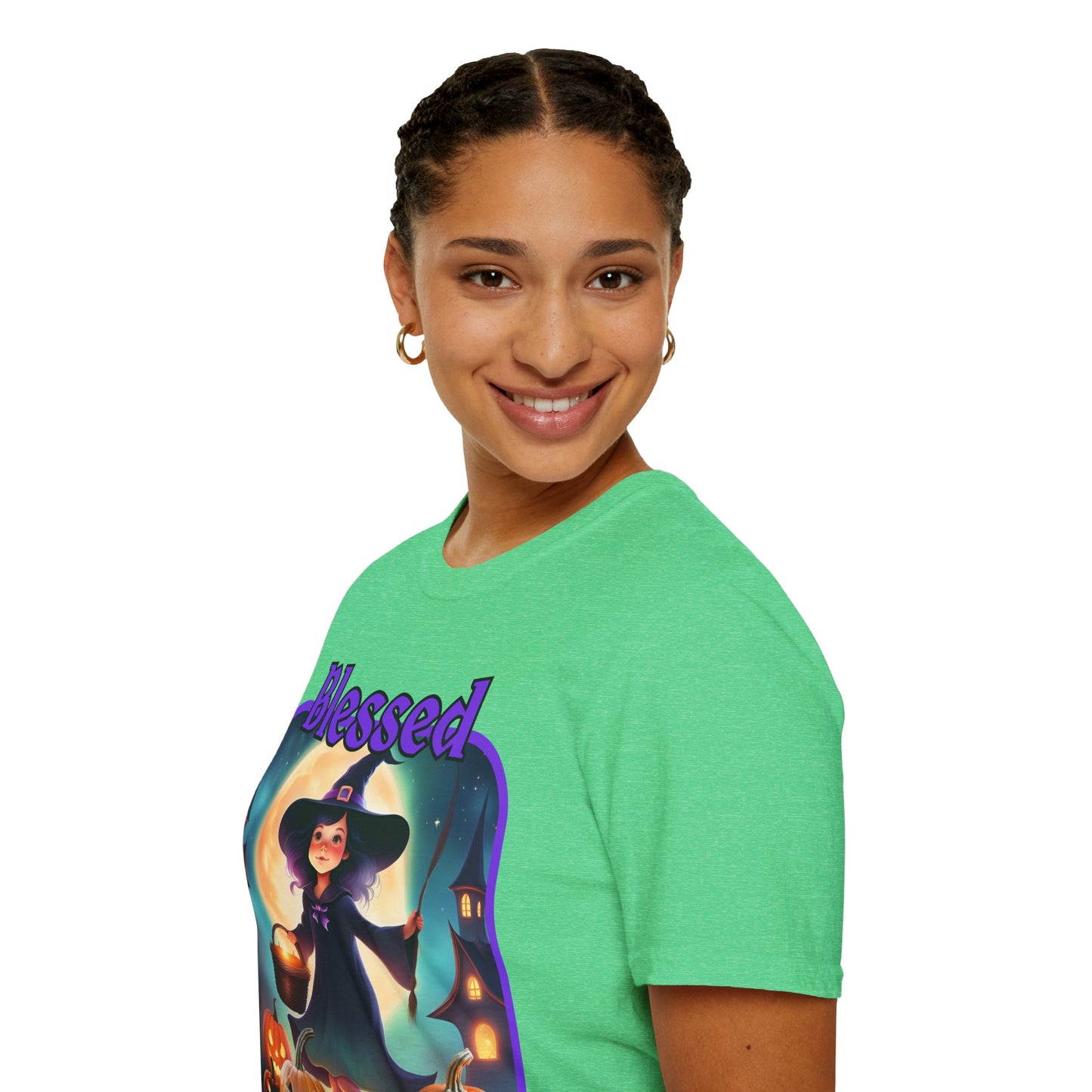 Blessed Samhain Little Witch Purple font Dark colors Unisex T-Shirt by CreepyCrafts.boo