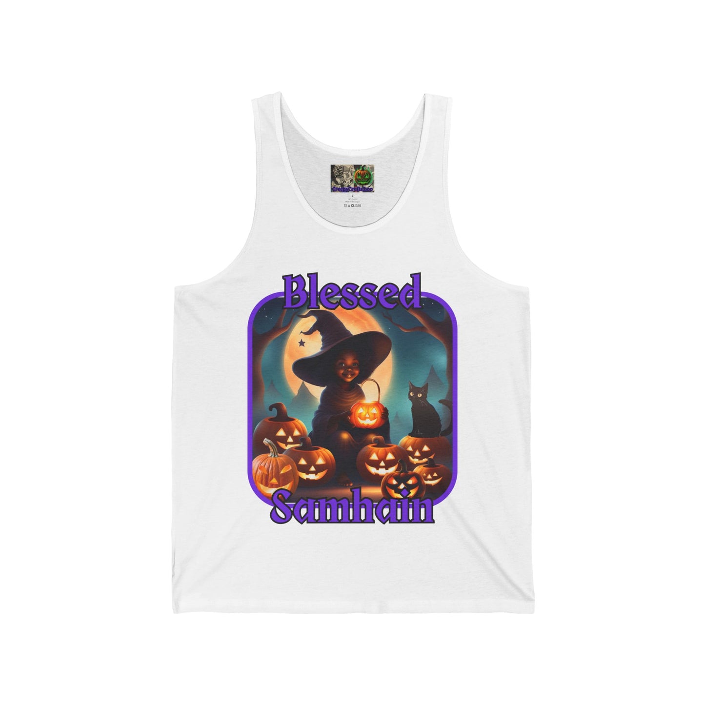 Blessed Samhain Cute Witch Purple font Unisex Jersey Tank Top by CreepyCrafts.boo