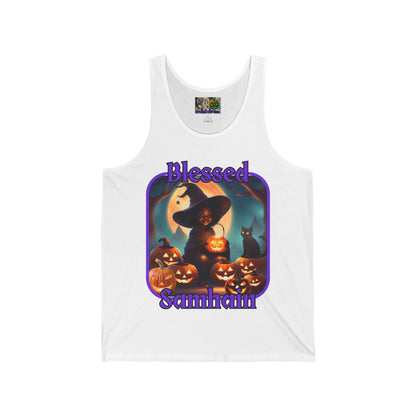 Blessed Samhain Cute Witch Purple font Unisex Jersey Tank Top by CreepyCrafts.boo
