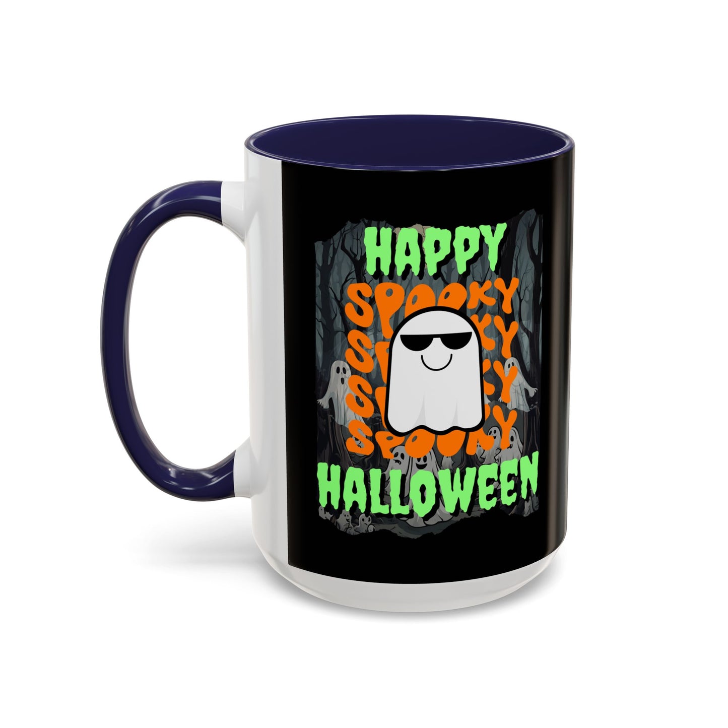 Spooky Happy Halloween Ghost Green font Black Accent Mug by CreepyCrafts.boo