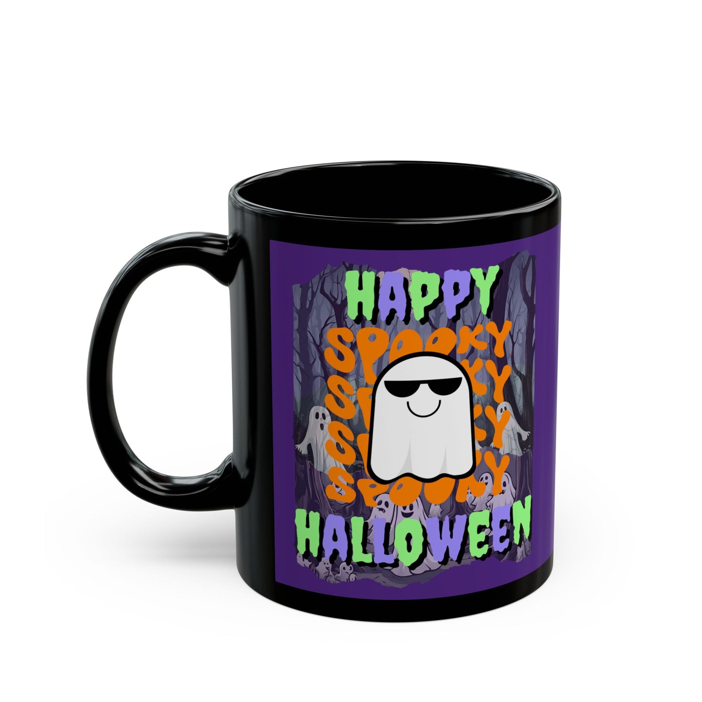 Spooky Happy Halloween Ghost Mixed font Purple Mug by CreepyCrafts.boo
