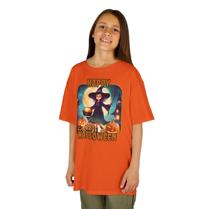 Happy Halloween Little Witch Orange font Kids Heavy Cotton™ Tee by CreepyCrafts.boo