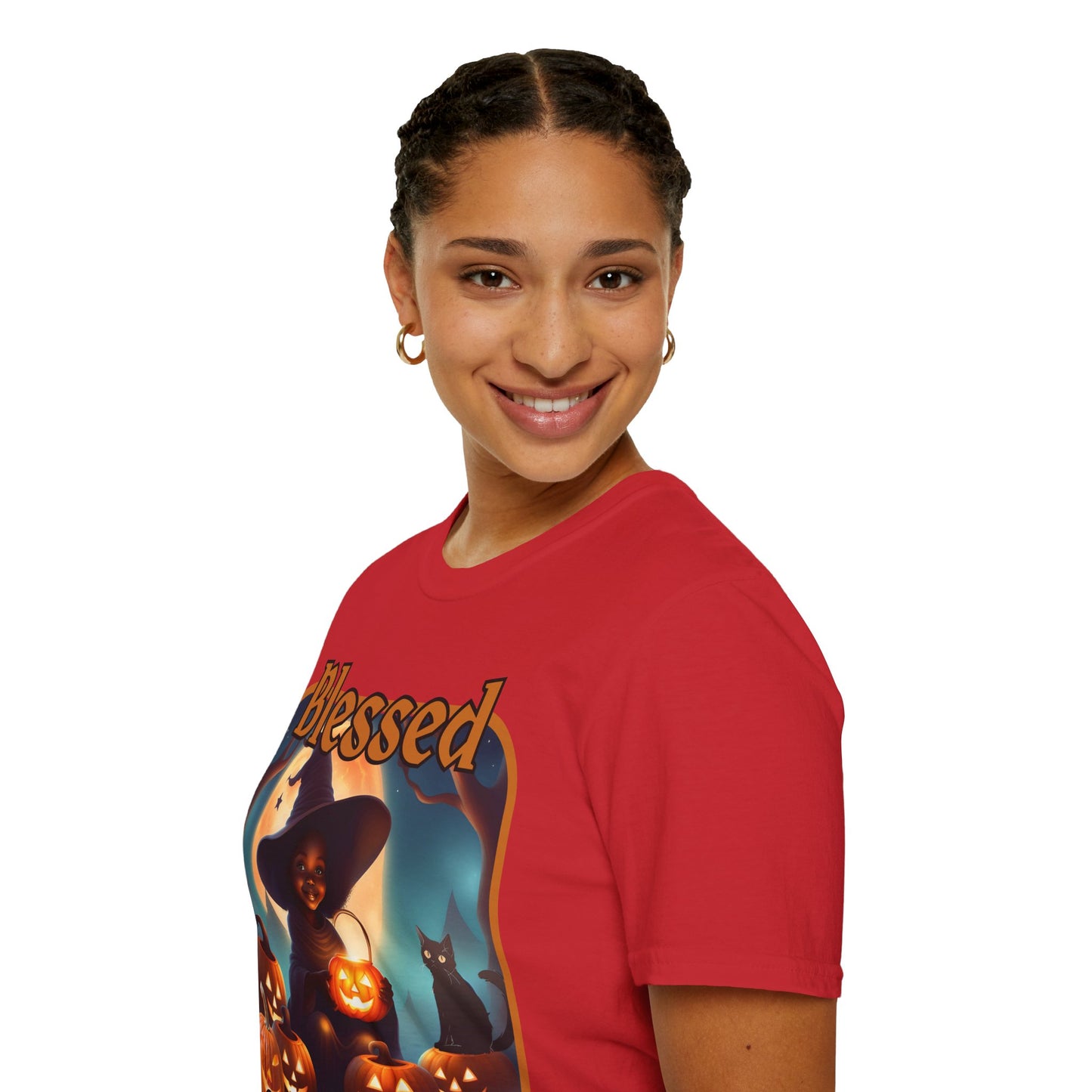 Blessed Samhain Cute Witch Orange font Light colors Unisex T-Shirt by CreepyCrafts.boo