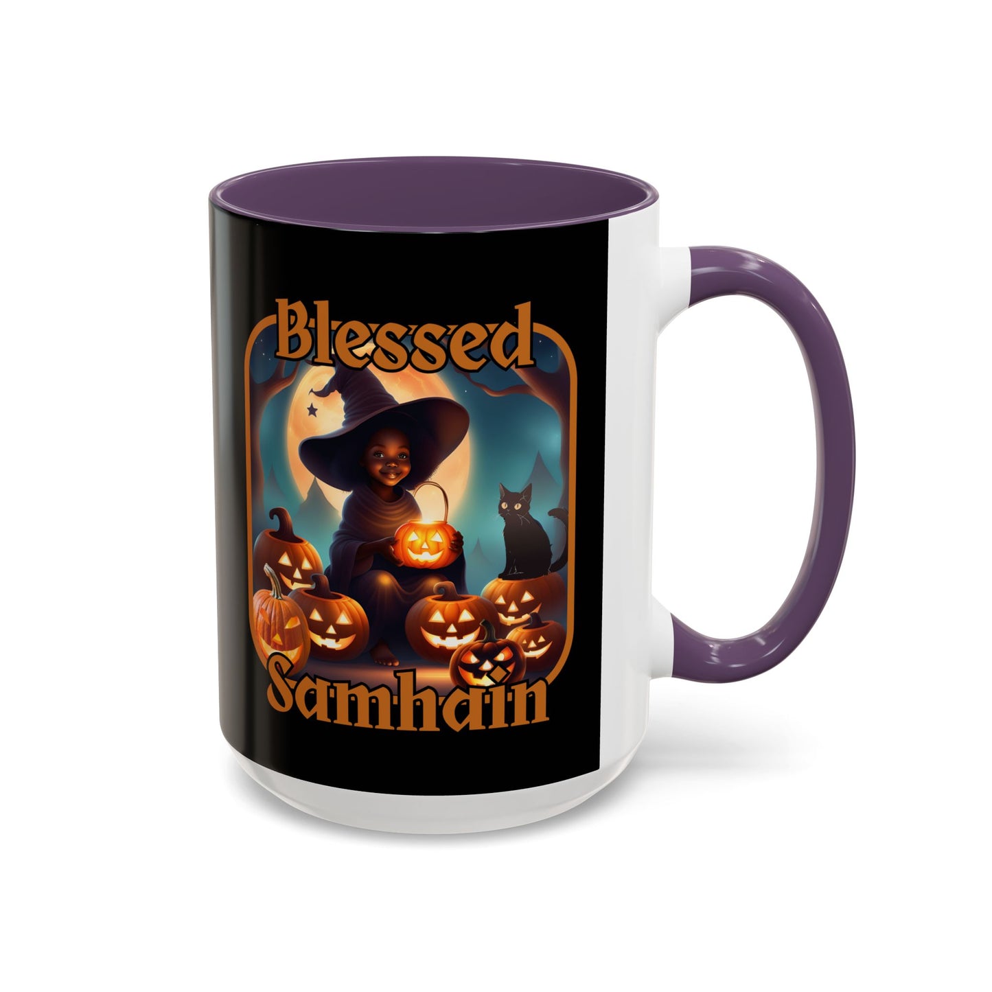 Blessed Samhain Cute Witch Orange font Black Accent Mug by CreepyCrafts.boo
