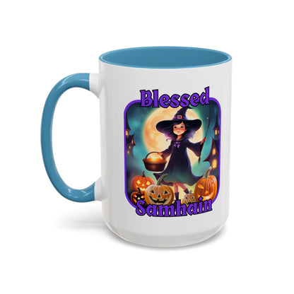 Blessed Samhain Little Witch Purple font White Accent Mug by CreepyCrafts.boo