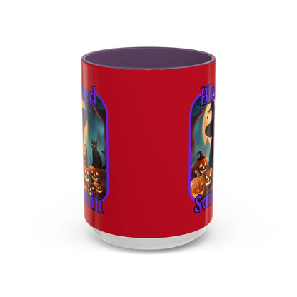 Blessed Samhain Cute Witch Purple font Red Accent Mug by CreepyCrafts.boo