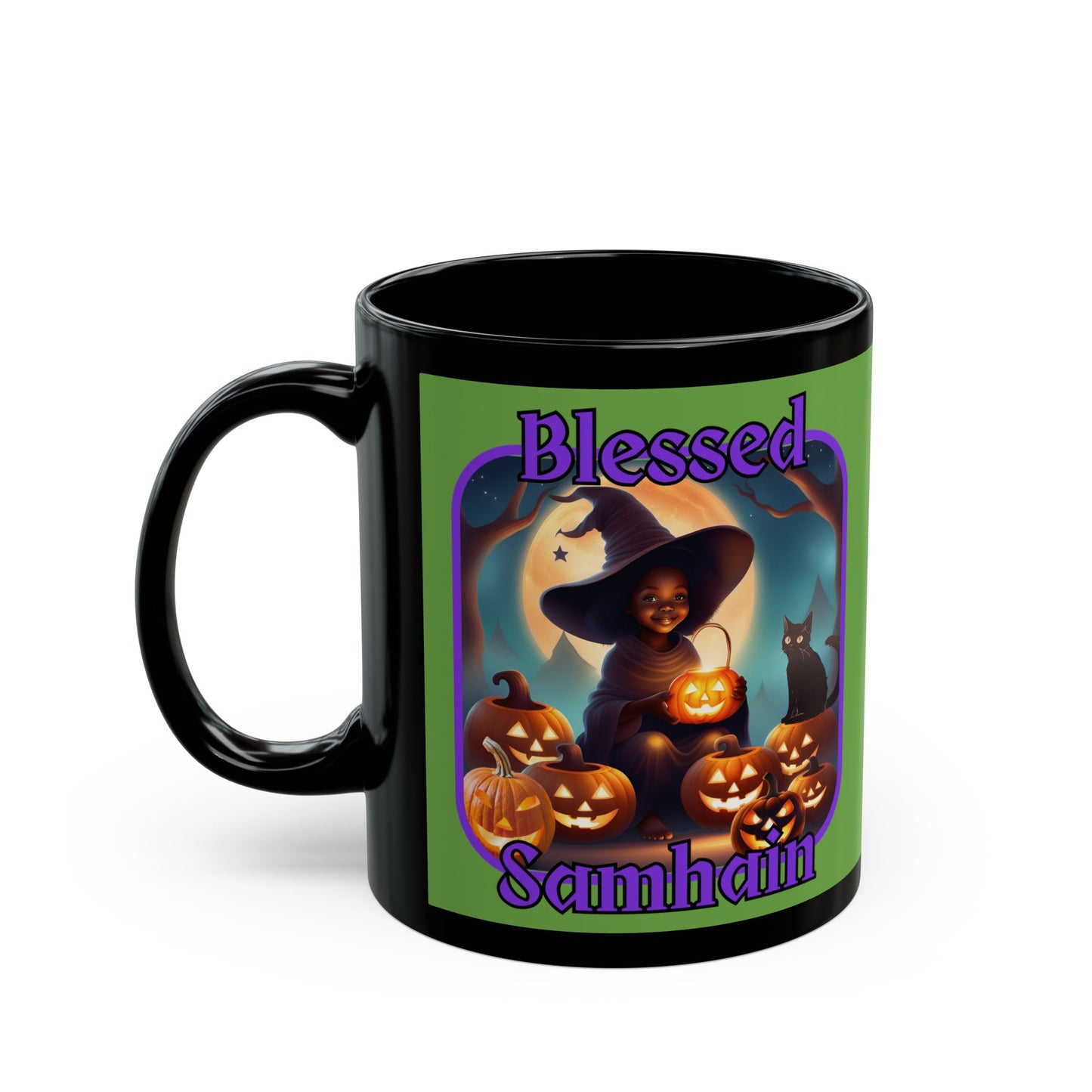 Blessed Samhain Cute Witch Purple font Green Mug by CreepyCrafts.boo