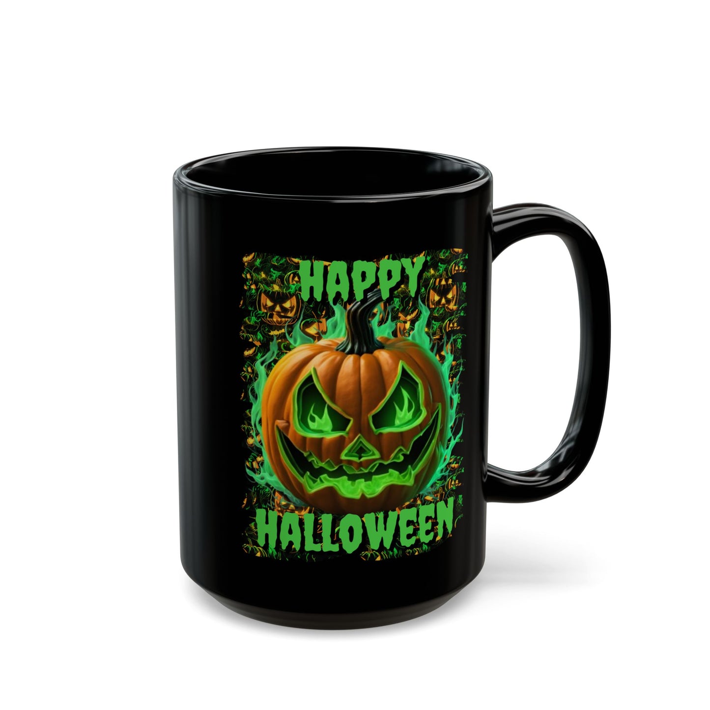 Happy Halloween Green Jack Black Mug by CreepyCrafts.boo