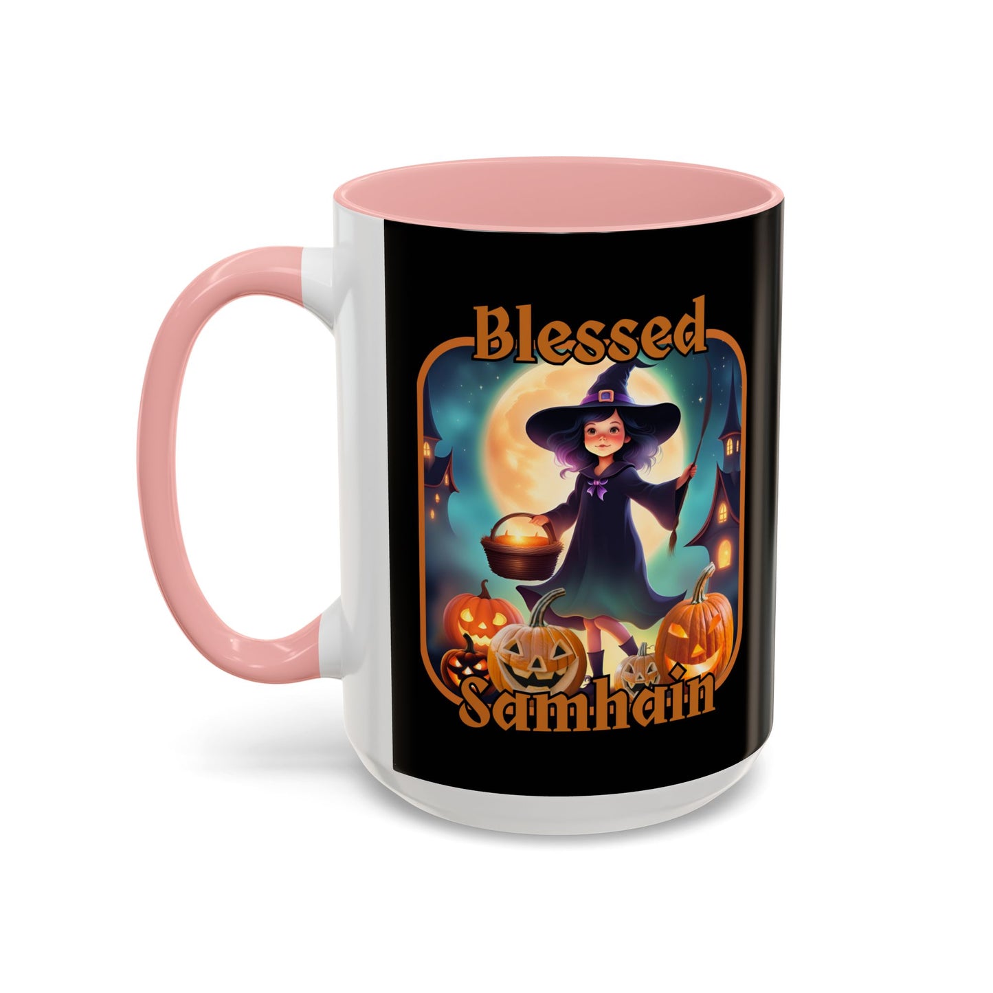 Blessed Samhain Little Witch Orange font Black Accent Mug by CreepyCrafts.boo