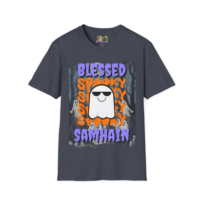 Spooky Blessed Samhain Ghost Purple font Unisex T-Shirt by CreepyCrafts.boo