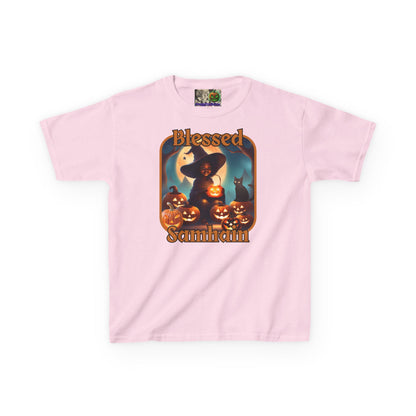 Blessed Samhain Cute Witch Orange font Kids Heavy Cotton™ Tee by CreepyCrafts.boo