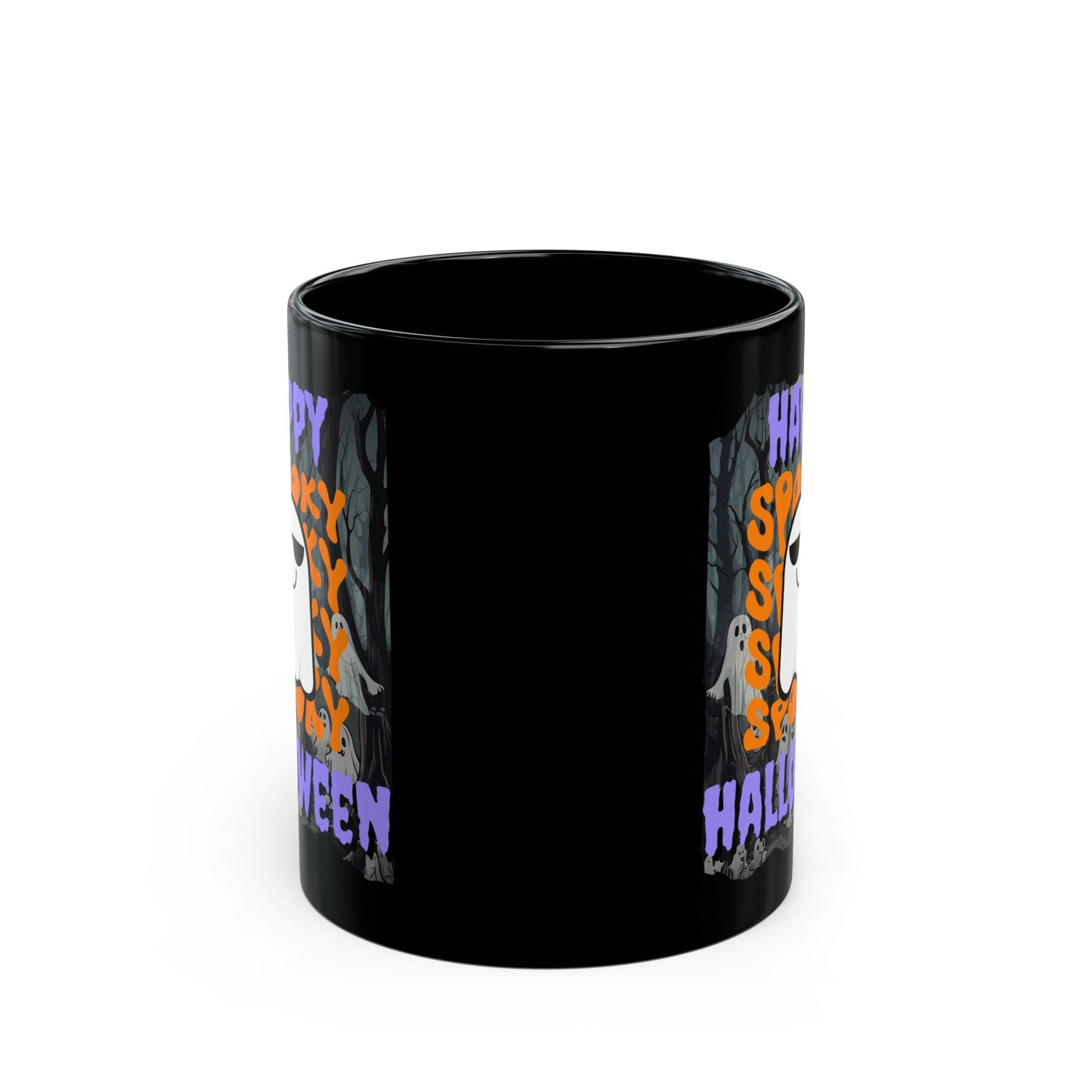 Spooky Happy Halloween Ghost Purple font Black Mug by CreepyCrafts.boo