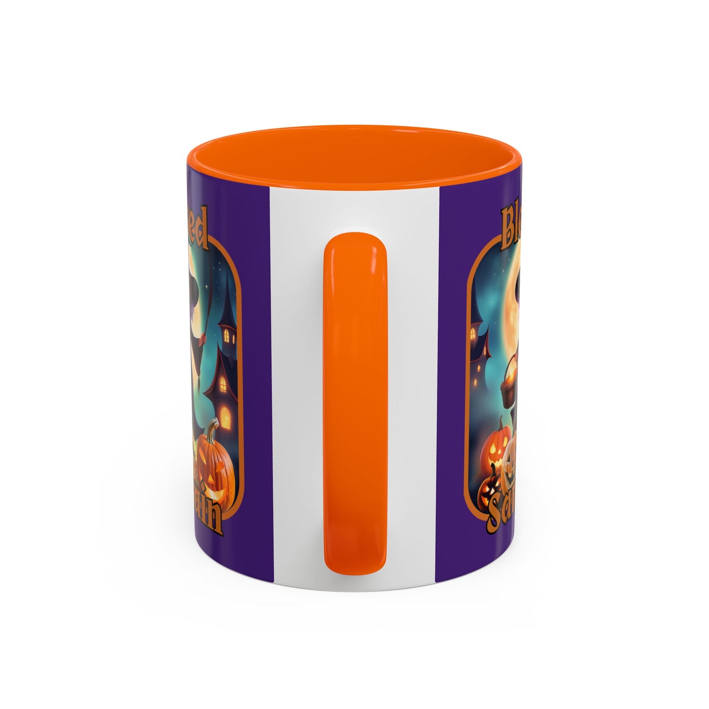 Blessed Samhain Little Witch Orange font Purple Accent Mug by CreepyCrafts.boo