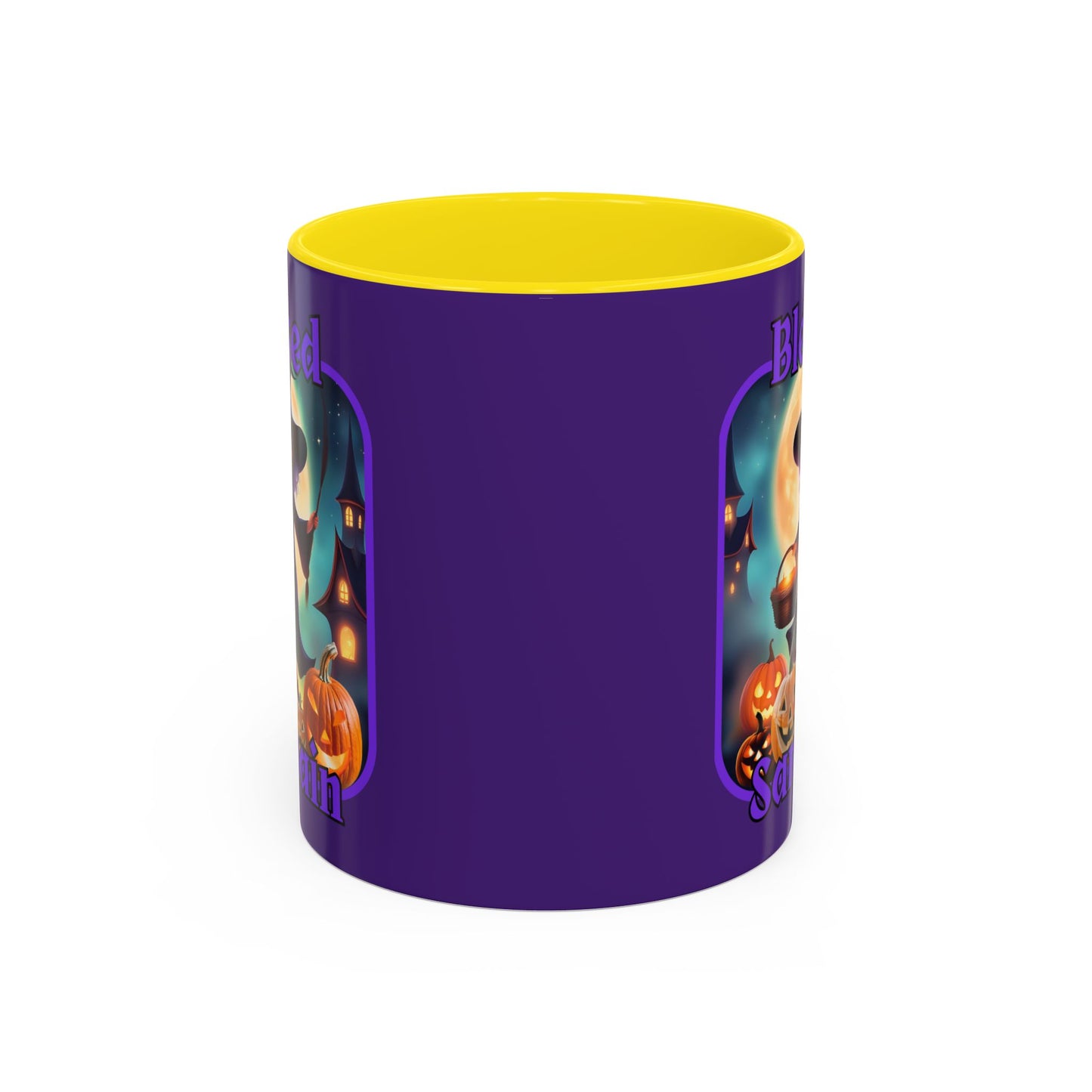 Blessed Samhain Little Witch Purple font Purple Accent Mug by CreepyCrafts.boo