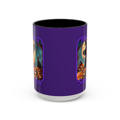 Blessed Samhain Cute Witch Purple font Purple Accent Mug by CreepyCrafts.boo