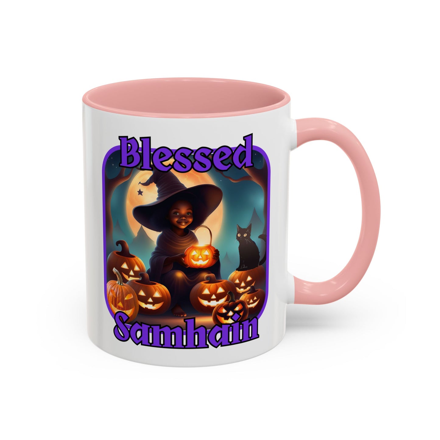 Blessed Samhain Cute Witch Purple font White Accent Mug by CreepyCrafts.boo
