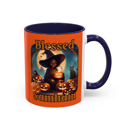 Blessed Samhain Cute Witch Orange font Orange Accent Mug by CreepyCrafts.boo